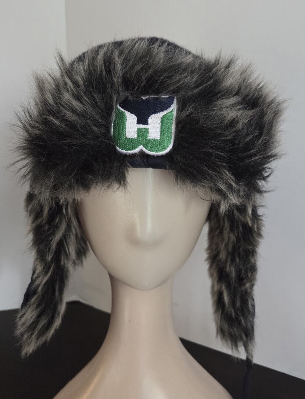 Hartford Whalers NHL Faux Fur Trapper Hat Gray Black Ushanka Winter Cap Warm
